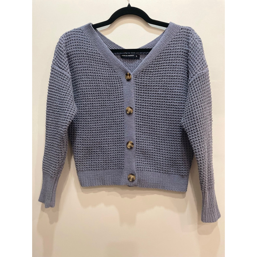 Moon & Madison Blue Waffle Knit Crop Cardigan S Vneck Preppy Beachy Lightweight